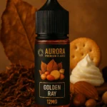 ليكويد Aurora Golden Ray – نكهة توباكو ناعمة ممزوجة بالبسكوت والمكسرات – خلفية دافئة تحتوي على أوراق توباكو وكريمة وبندق
