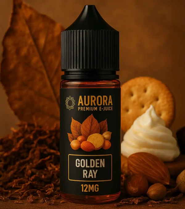 ليكويد Aurora Golden Ray – نكهة توباكو ناعمة ممزوجة بالبسكوت والمكسرات – خلفية دافئة تحتوي على أوراق توباكو وكريمة وبندق