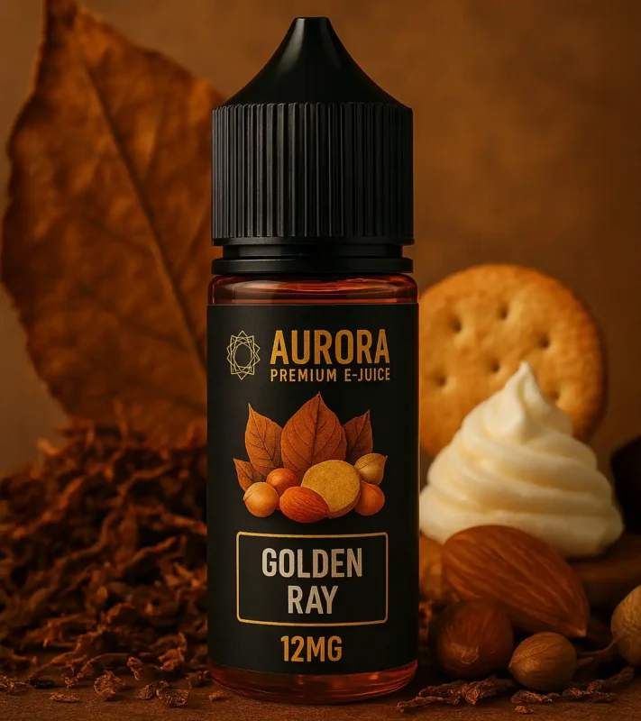 ليكويد Aurora Golden Ray – نكهة توباكو ناعمة ممزوجة بالبسكوت والمكسرات – خلفية دافئة تحتوي على أوراق توباكو وكريمة وبندق