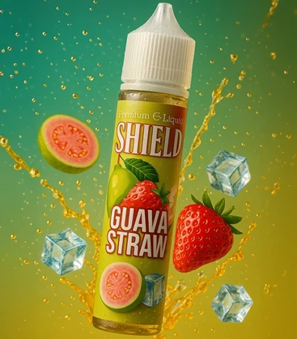 ليكويد Shield Guava Straw – طعم جوافة وفراولة منعش مع تلج – الزجاجة بتطفو في خلفية فواكه وتلج متناثر وعصارة فاكهة طايرة