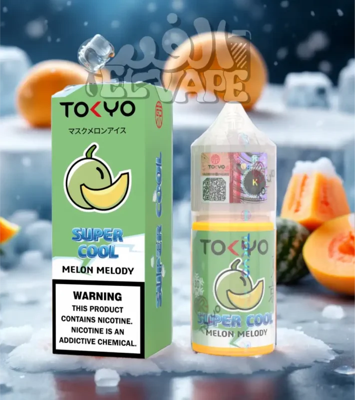 ليكويد Tokyo Super Cool Melon Melody – طعم شمام سوبر كول – مكتوب في الصورة: tokyo super cool – الخلفية فيها شمام فروزن وتلج، ولوجو الفيب el-vape ظاهر فوق