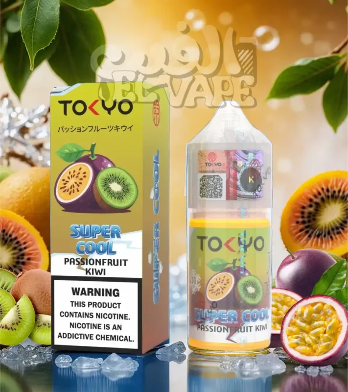 ليكويد Tokyo Super Cool Passionfruit Kiwi – طعم باشن فروت وكيوي سوبر كول – مكتوب في الصورة: tokyo super cool – الخلفية فيها باشن فروت وكيوي فروزن وتلج، ولوجو الفيب el-vape ظاهر فوق
