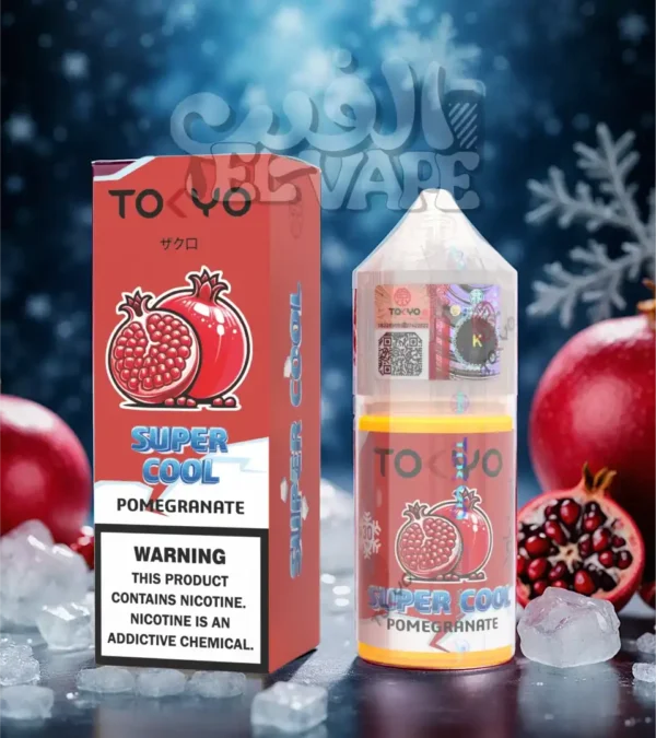 ليكويد Tokyo Super Cool Pomegranate – طعم رمان ساقع سوبر كول – مكتوب في الصورة: tokyo super cool – الخلفية فيها رمان فروزن وتلج، ولوجو الفيب el-vape ظاهر فوق