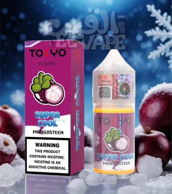 ليكويد Tokyo Super Cool Mangosteen – طعم مانجوستين استوائي سوبر كول – مكتوب في الصورة: tokyo super cool – الخلفية فيها مانجوستين فروزن وتلج، ولوجو الفيب el-vape ظاهر فوق