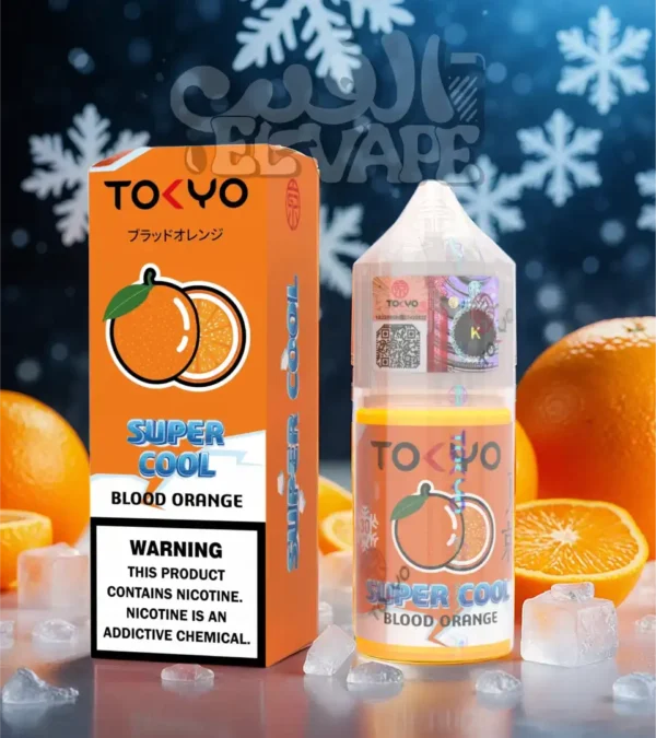 ليكويد Tokyo Super Cool Blood Orange – طعم برتقال أحمر ايس سوبر كول – مكتوب في الصورة: tokyo super cool – الخلفية فيها برتقال وتلج ولوجو الفيب el-vape