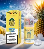 ليكويد Tokyo Super Cool Pineapple Ice – طعم أناناس ايس سوبر كول – مكتوب في الصورة: tokyo super cool – الخلفية فيها أناناس وتلج ولوجو الفيب el-vape