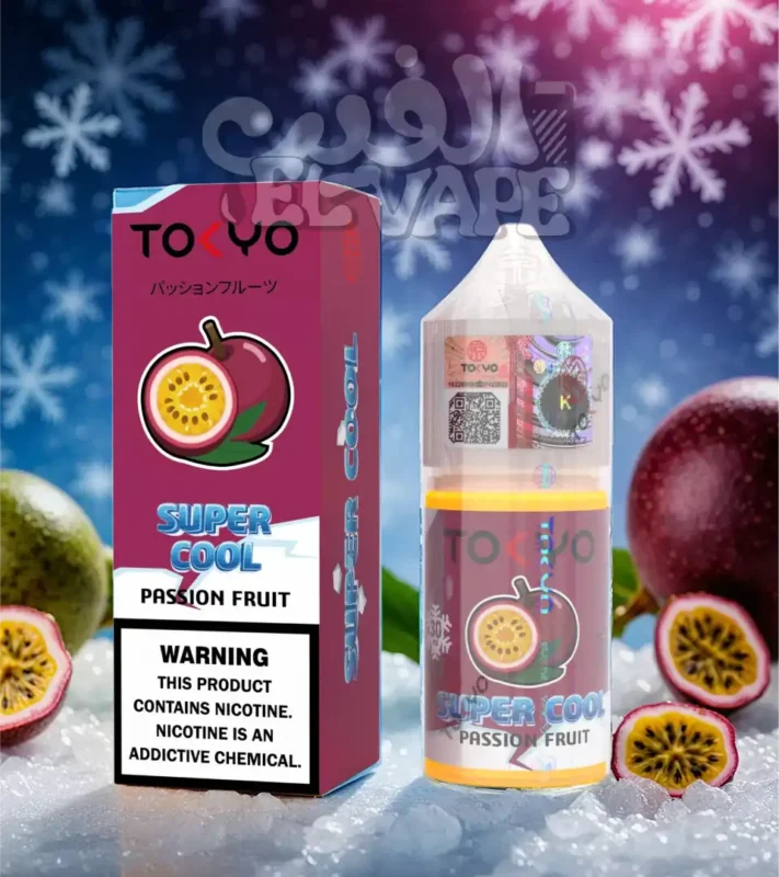 ليكويد Tokyo Super Cool Passion Fruit – طعم باشن فروت ايس سوبر كول – مكتوب في الصورة: tokyo super cool – الخلفية فيها فاكهة باشن فروت وتلج ولوجو الفيب el-vape