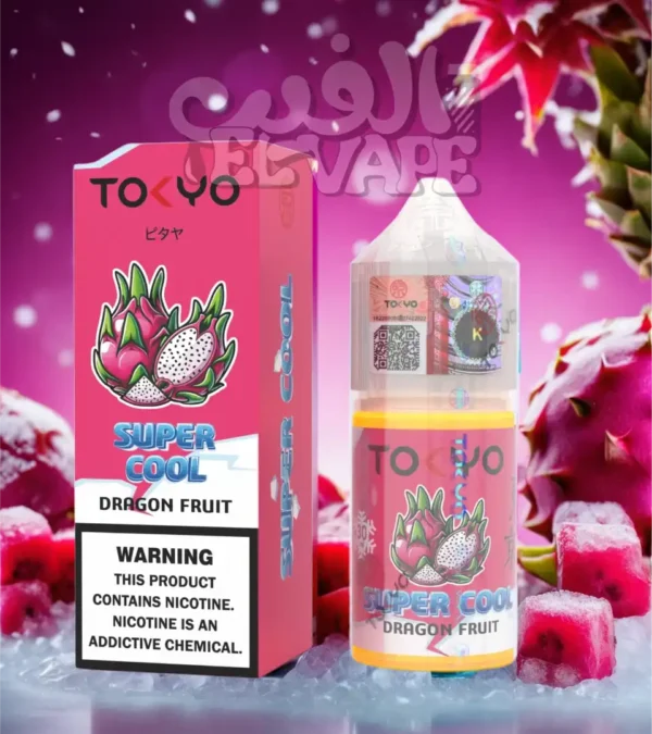 ليكويد Tokyo Super Cool Dragon Fruit – طعم دراجون فروت ايس سوبر كول – مكتوب في الصورة: tokyo super cool – الخلفية فيها فاكهة دراجون فروت وتلج ولوجو الفيب el-vape