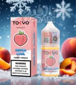 ليكويد Tokyo Super Cool Honey Peach – طعم خوخ بالعسل ايس سوبر كول – مكتوب في الصورة: tokyo super cool – الخلفية فيها فاكهة خوخ وتلج ولوجو الفيب el-vape