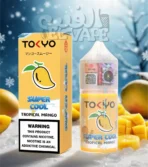 ليكويد Tokyo Super Cool Tropical Mango – طعم مانجو استوائي ايس سوبر كول – مكتوب في الصورة: tokyo super cool – الخلفية فيها فاكهة مانجو وتلج ولوجو الفيب el-vape