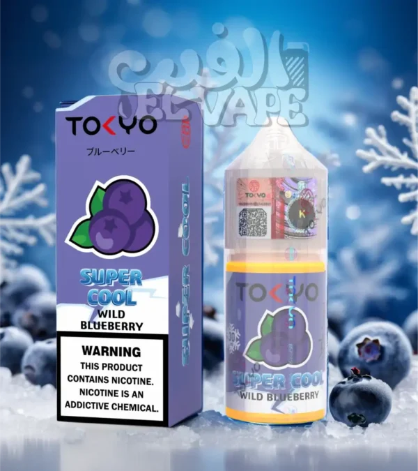 ليكويد Tokyo Super Cool Wild Blueberry – طعم توت بري ايس سوبر كول – مكتوب في الصورة: tokyo super cool – الخلفية فيها توت بري وسط التلج ولوجو الفيب el-vape
