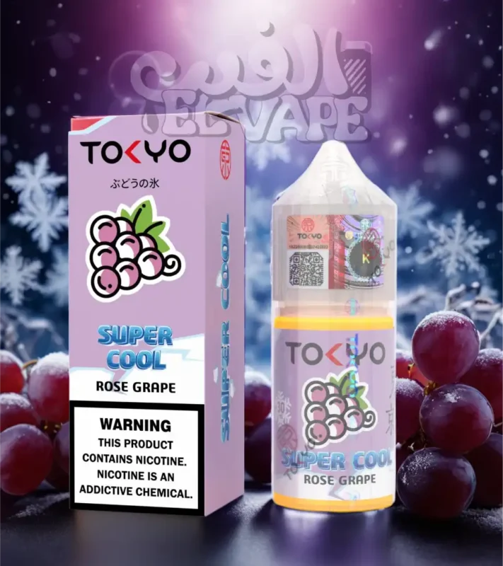 ليكويد Tokyo Super Cool Rose Grape – طعم عنب وردي احمر – مكتوب في الصورة: tokyo super cool – الخلفية فيها عنب فروزن وتلج، ولوجو الفيب el-vape ظاهر فوق