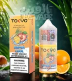 ليكويد Tokyo Super Cool Peach Orange Lemongrass – طعم خوخ وبرتقال ولمون جراس ساقع – مكتوب في الصورة: tokyo super cool – الخلفية فيها فواكه وتلج ولوجو الفيب el-vape