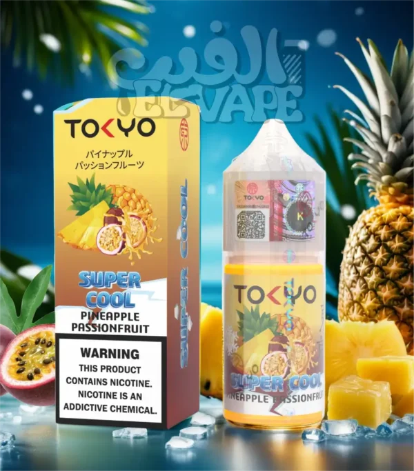 ليكويد Tokyo Super Cool Pineapple Passionfruit – طعم أناناس وباشن فروت ساقع – مكتوب في الصورة: tokyo super cool – الخلفية فيها لوجو الفيب el-vape