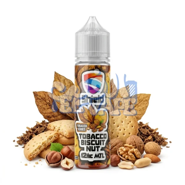 زجاجة ليكويد Shield Tobacco Biscuit Nuts بنكهة التوباكو مع البسكوت والمكسرات بحجم 30 مل أو 60 مل.