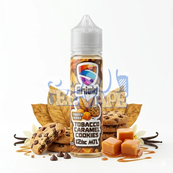 ليكويد Shield Tobacco Caramel Cookies بنكهة التوباكو والكراميل والكوكيز، عبوة 30 أو 60 مل.