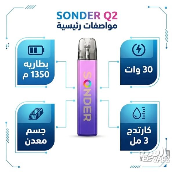 جهاز بود فيب سوندر كيو 2 بنفسجي - Sonder Q2 Fizzy Grape بطاريه 1350 م، 30 وات، جسم معدن، وكارتدج 3 مل.